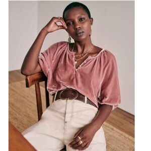 Sezane Beatrice Velvet Puff Sleeve Blouse In Rose Pink